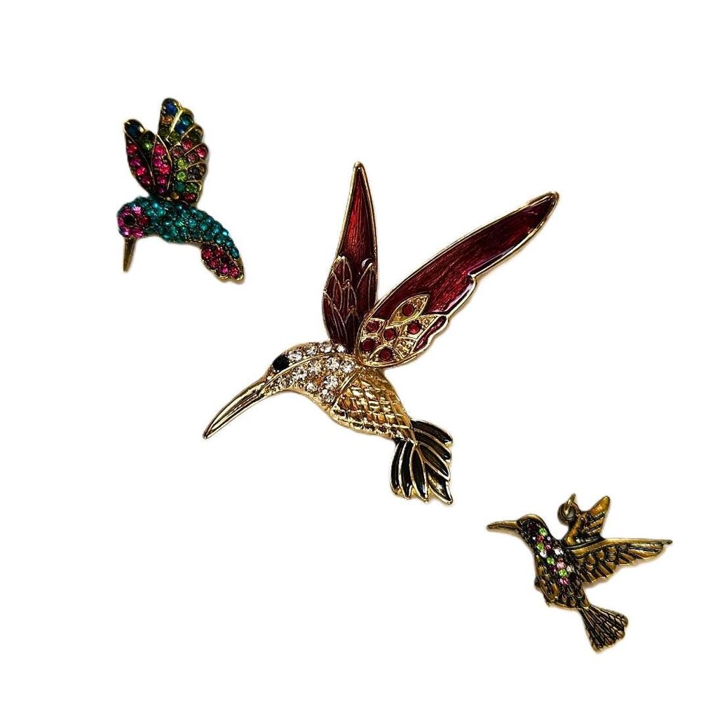 Set 3 Rhinestone Hummingbird Jewelry Brooch & Pendant Large Statement Pin VTG